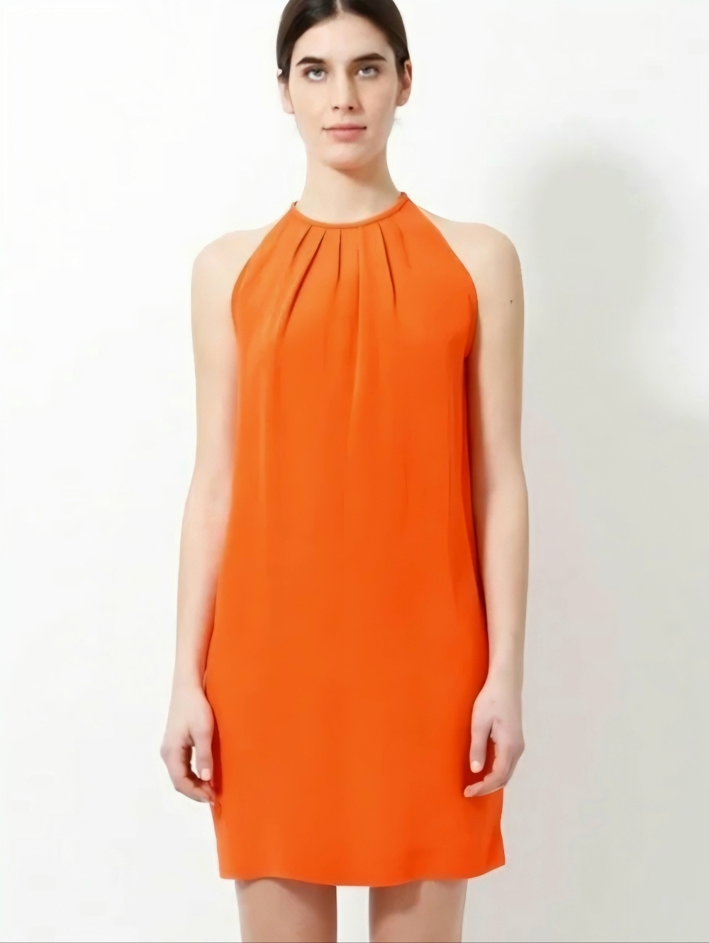 Celine Silk Dress Fresh Orange Sleeveless Halter High Neck Pleated Shift US 6
